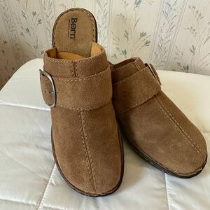 Born Tan Suede Buckle Clogs